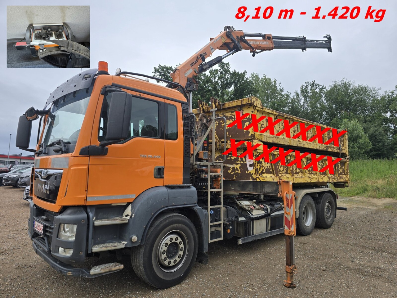 MAN TGS 28.440 BL/6x2/4/45 TGS 28.440 BL/6x2/4, Atlas Kran VDL Abrollanlage, Funk, Lenk-Liftachse, - Hook lift truck, Crane truck: picture 1 MAN TGS 28.440 BL/6x2/4/45 TGS 28.440 BL/6x2/4, Atlas Kran VDL Abrollanlage, Funk, Lenk-Liftachse, - Hook lift truck, Crane truck: picture 1