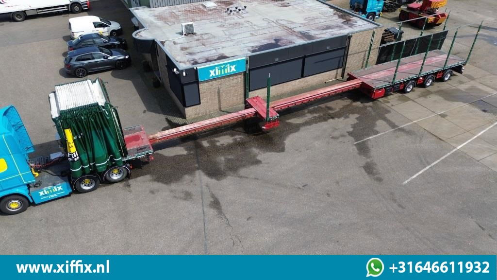 Meusburger TE Huur 3-ass. Vlakke dubbel 2x uitschuifbare oplegger met huifopbouw / 3x gestuurd - Dropside/ Flatbed semi-trailer: picture 1 Meusburger TE Huur 3-ass. Vlakke dubbel 2x uitschuifbare oplegger met huifopbouw / 3x gestuurd - Dropside/ Flatbed semi-trailer: picture 1