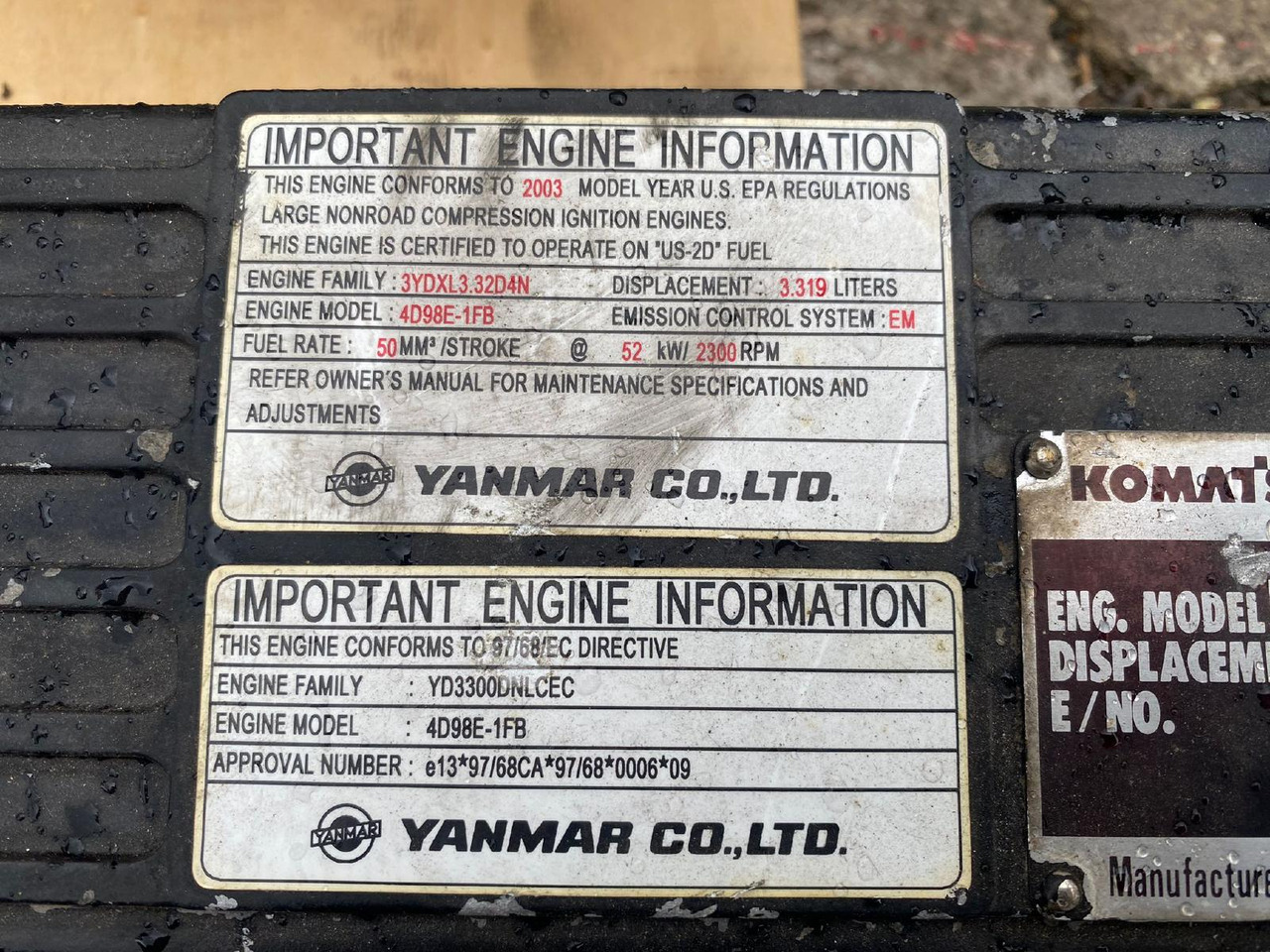Komatsu Yanmar 4D98 E - Engine and parts for Construction machinery: picture 2 Komatsu Yanmar 4D98 E - Engine and parts for Construction machinery: picture 2