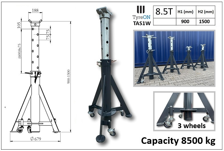 TAS1W8.5T axle support 900-1500 mm mobile - 3 suspended castors wheels - Integrated coil spring - Warehouse equipment: picture 1 TAS1W8.5T axle support 900-1500 mm mobile - 3 suspended castors wheels - Integrated coil spring - Warehouse equipment: picture 1