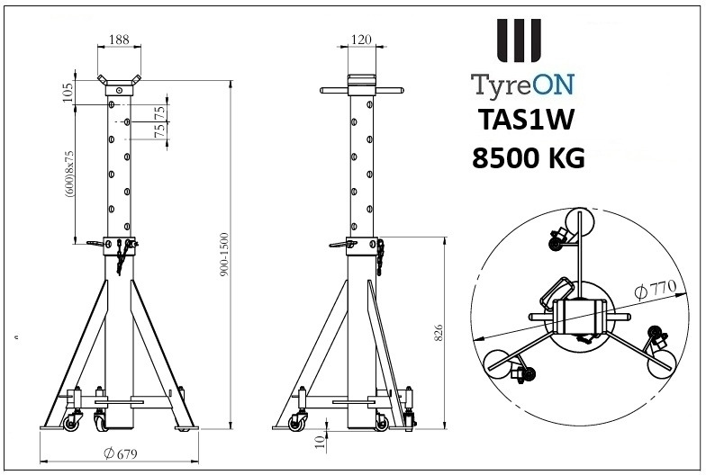 TAS1W8.5T axle support 900-1500 mm mobile - 3 suspended castors wheels - Integrated coil spring - Warehouse equipment: picture 2 TAS1W8.5T axle support 900-1500 mm mobile - 3 suspended castors wheels - Integrated coil spring - Warehouse equipment: picture 2