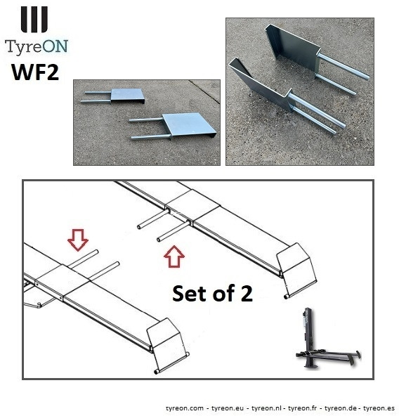 WF2 wheel forks for vehicles with different track widths like ride-on lawn mowers - suitable for tyreON TL10E - Set of 2 pieces - Workshop equipment: picture 1 WF2 wheel forks for vehicles with different track widths like ride-on lawn mowers - suitable for tyreON TL10E - Set of 2 pieces - Workshop equipment: picture 1