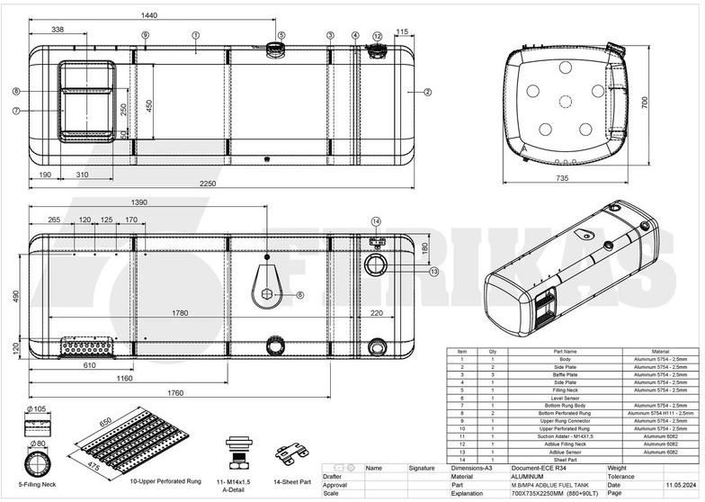 New Fuel tank for Truck Mercedes-Benz Fuel tank 880L + 90L AdBlue: picture 12